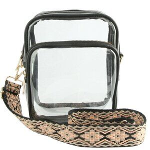 Le Miel Clear Stadium Crossbody Bag, Black Trim, Gold Hardware, Boho Strap